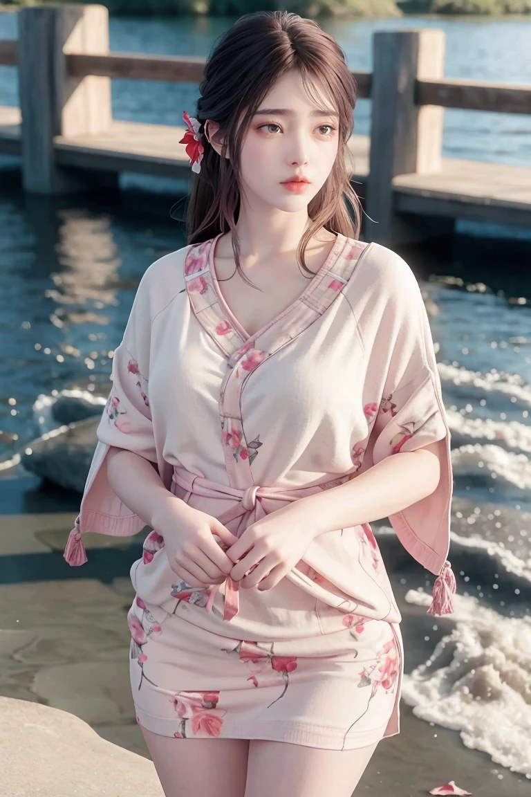 1girl walking on the river, mix4, sweater, pillow, lips, open_mouth, realistic, photo_\(medium\), solo, stuffed_animal, stuffed_toy, teddy_bear,(masterpiece),(photorealistic:1.3), ultra-detailed, (high detailed skin:1.2),(best quality:1.0), (ultra highres:1.0), (ulzzang-6500:0.3), wavy detailed hair, long hair, sunshine, (beautiful detailed makeup), (sexually aroused blushing heavy breathing:1.0), floral theme flower petals scattered, (soft glow bloom:0.5) 