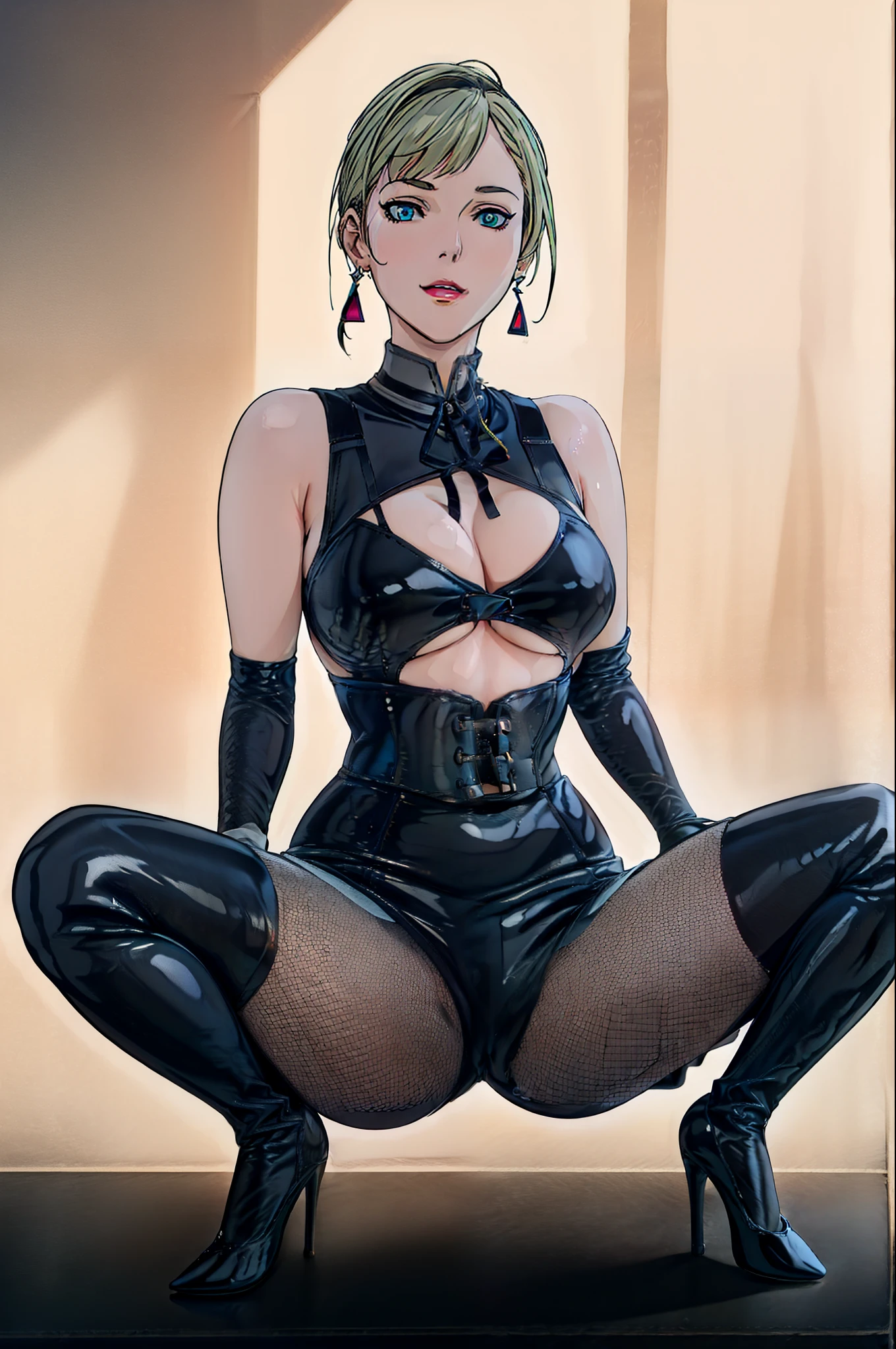 ((Yankee sitting))、((Poop sitting))、(((open legs:1.4)))、(((Wide-open legsでしゃがむ)))、(((Squat with your legs spread in an M-shape:1.4)))、BDSM、Queen、mistress、(((One girl)))、solo:1.8、(((Black latex elbow gloves:1.4 )))、(((Black latex corset dress:1.4)))、(((The corset dress is decorated with beautiful lace.)))、(((Corset dress with shoulder straps)))、(((Black latex tight mini skirt:1.4)))、(((Black Thigh Boots)))、(((Black fishnet stockings:1.2 )))、(((Stiletto heels:1.4)))、(((Black latex panties)))、(((Black latex bra)))、(((Black leather collar)))、(((Sexy pose:1.4 )))、Wide-open legs:1.2、(((Erotic)))、(((Cowboy Shot)))、Slim figure、Thin thigh style、Standard-size bust:1.2、(((erotic)))、blush、eyelash, eyehadow, face, lips, Compensate,Earrings、Full body black costume:1.4、
bangs, (((blonde:1.2))), aqua blue eyes:1.2, Long Hair,
1 Girl, 20 years,young woman,beautiful Finger,beautiful long legs,beautiful body,
beautiful Nose,beautiful character design, perfect eye, perfect face,expressive eye,Perfect balance,
Looking at the audience,(Focus on her face),Mouth closed, (Innocent_big_eye:1.0),(Light_笑face:0.3),
Official Art,Very detailedな CG Unity 8K 壁紙, perfect Lighting,colorful, bright_front_face_Lighting,White skin,Perfect anatomical flexibility:1.0),(Highest_quality:1.0), 超High resolution,4K,Very detailed,
photo shoot, 8K, High resolution, High resolution, Confused:1.2, Kodak Portrait 400, Film Grain, Blurred Background, Bokeh:1.2, Lens flare, (Vibrant_color:1.2),Professional photos,
(beautiful,_chest:1.4), (beautiful_face:1.5),(narrow_Waist),(((smirk)))、blush