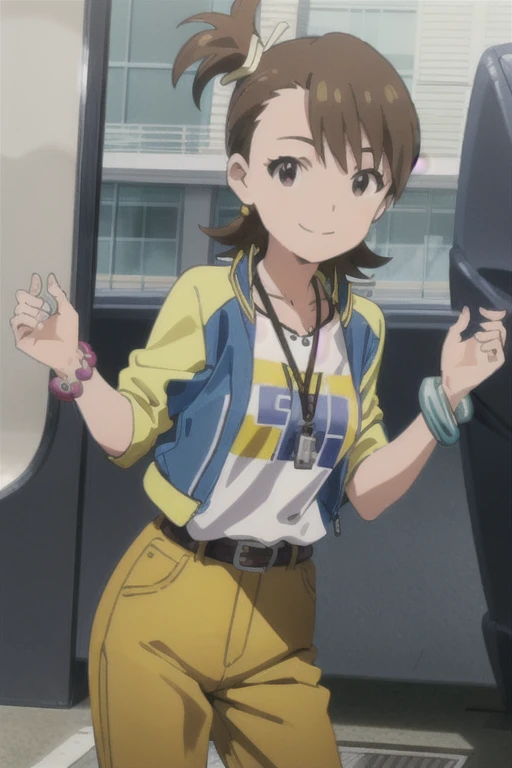 (((pixel-perfect, detail-perfect))), solo, 1girl, ami futami, jacket yellow, bracelet, necklace, looking at viewer, smile, plane, pants black, belts