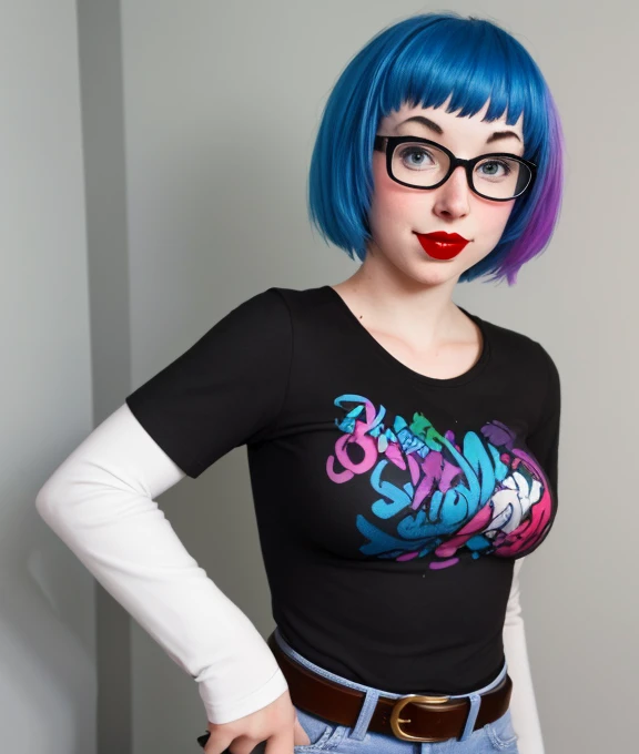 The face of Zoe Quinn, 1girl, solo, black t-shirt, white shirt, blue jeans, belt, lipstick, large breasts, short over long sleeves, glasses