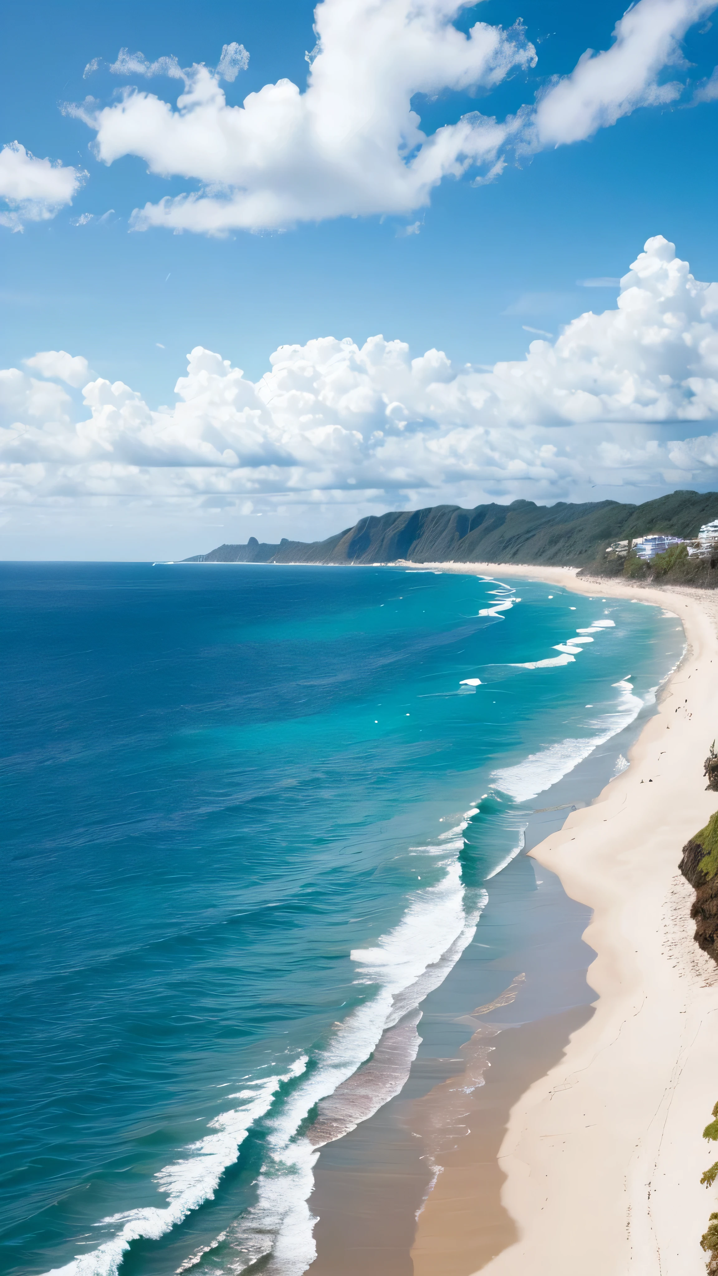 Ocean，Sandy Beach，Blue sky and white clouds，blue sky，Landscape Wallpaper，beautifully、aesthetic, photo shoot, Cinema Lighting, 8K, High detail