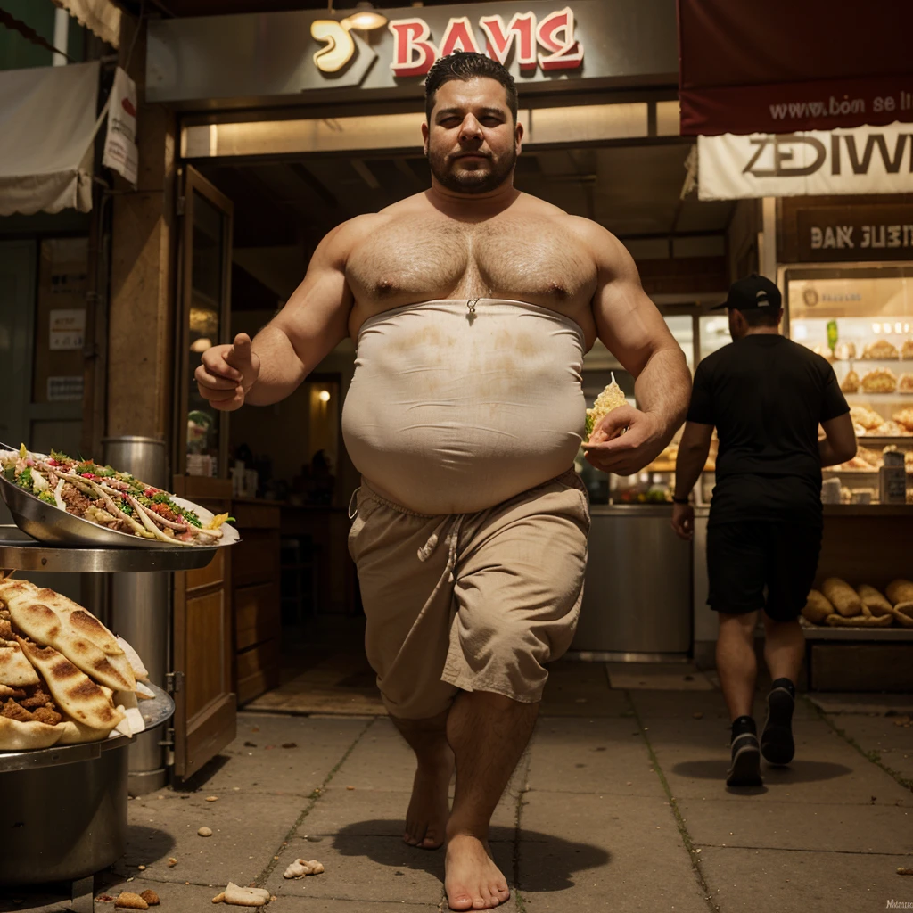 A man with shawarma in his hands runs away from a pig, escape from the pig, Shawarma, большая Shawarma, огромная Shawarma, man holding shawarma in two hands, a man quickly runs away from a pig, большая длинная Shawarma, shavuha is huge, lavash, a huge pig runs after a man