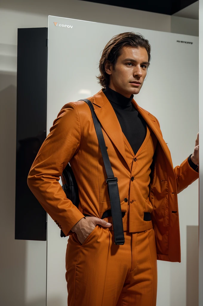 A detailed image of a man wearing an orange suit, standing, with a television for a head, retro TV design, screen displaying static, sharp and well-fitted suit, high-resolution, photorealistic, soft and natural lighting, realistic textures on the coat and backpack, high resolution and image quality, vibrant colors and well-defined contrast, against a 100% white background