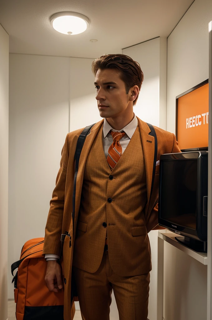 A detailed image of a man wearing an orange suit, standing, with a television for a head, retro TV design, screen displaying static, sharp and well-fitted suit, high-resolution, photorealistic, soft and natural lighting, realistic textures on the coat and backpack, high resolution and image quality, vibrant colors and well-defined contrast, against a 100% white background
