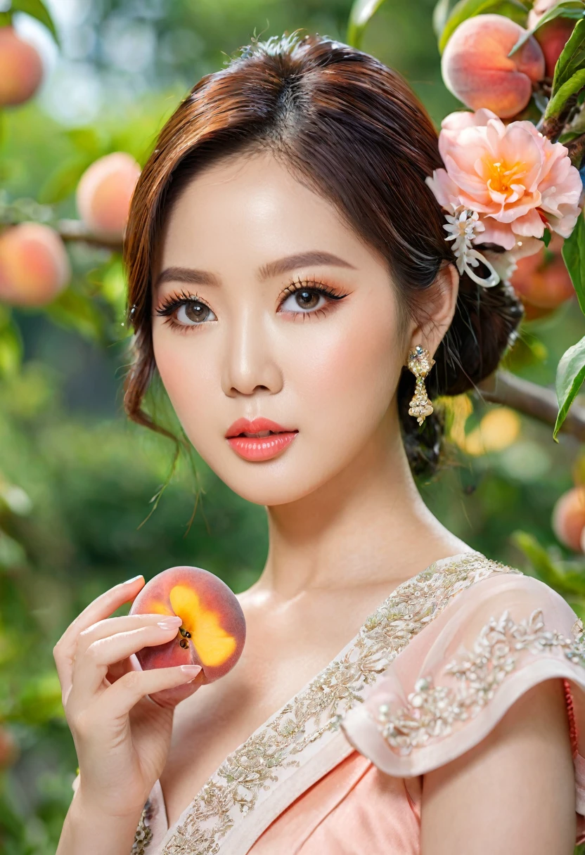 a beautiful Thai actress Baifern Pimchanok, beautiful detailed eyes, beautiful detailed lips, extremely detailed eyes and face, long eyelashes, beautiful face, serene expression, holding a piece of peach, standing in a middle of a peach garden, natural lighting, professional portrait, captured by mirrorless camera with 135mm lens, 8k, ultra-detailed, realistic, photo-realistic, physically-based rendering, vivid colors, natural lighting, warm color tones, detailed foliage, flower petals around, intricate details