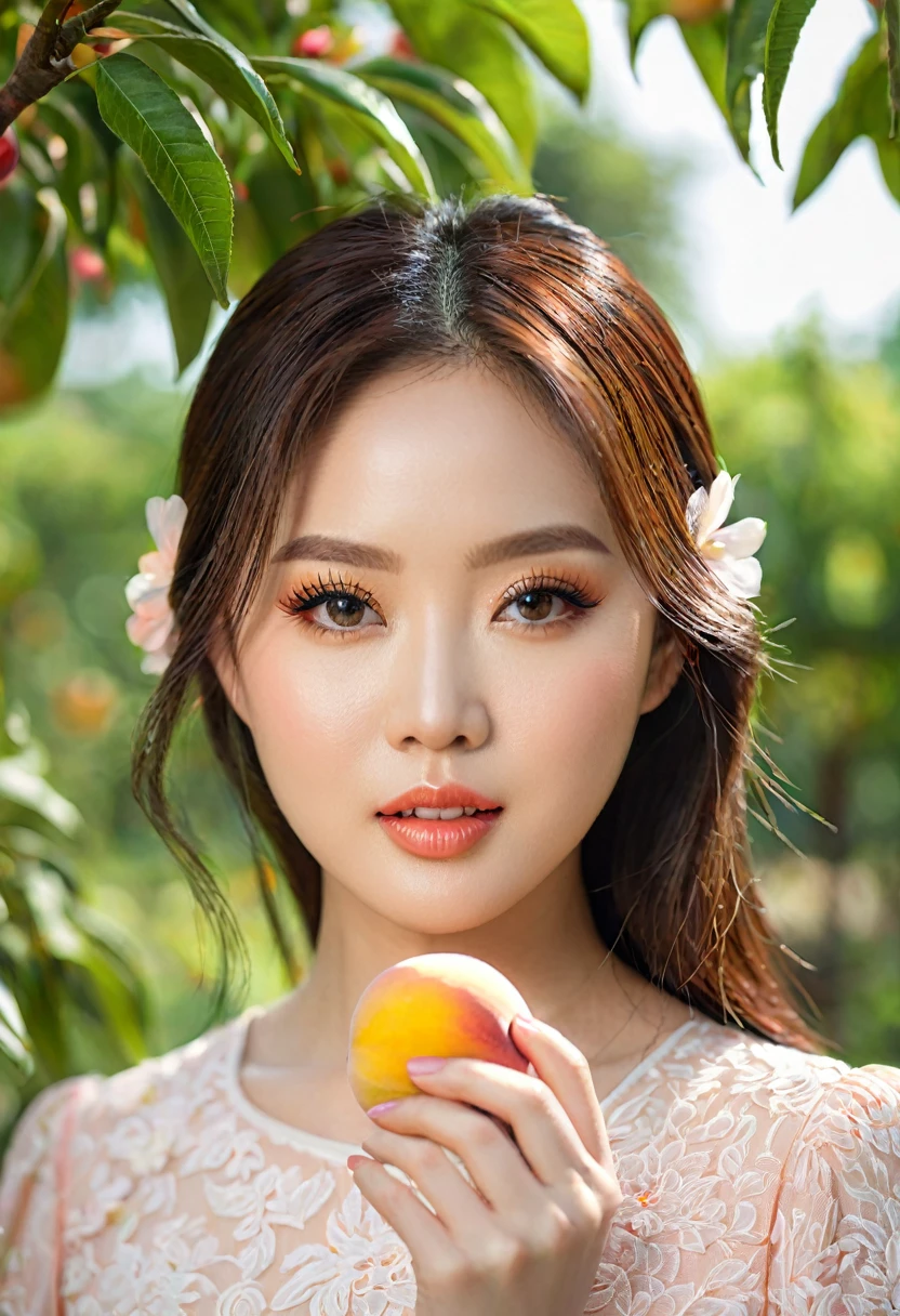 a beautiful Thai actress Baifern Pimchanok, beautiful detailed eyes, beautiful detailed lips, extremely detailed eyes and face, long eyelashes, beautiful face, serene expression, holding a piece of peach, standing in a middle of a peach garden, natural lighting, professional portrait, captured by mirrorless camera with 135mm lens, 8k, ultra-detailed, realistic, photo-realistic, physically-based rendering, vivid colors, natural lighting, warm color tones, detailed foliage, flower petals around, intricate details