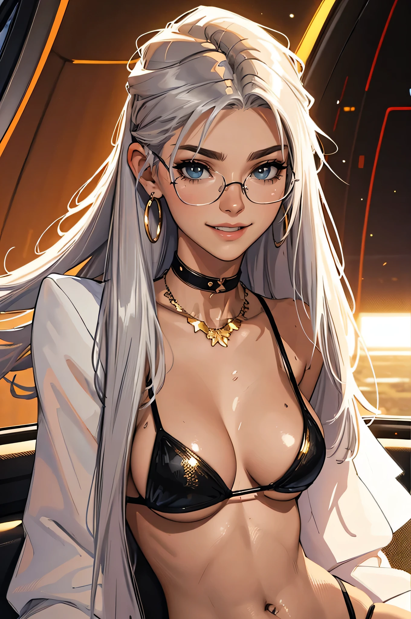 tmasterpiece，（tmasterpiece，top-quality，best qualityer），1girll， jewely，耳Nipple Ring，choker necklace，bangle， hoop earings， circle glasses，sun glasses， Long hair and long meat， Blonde hair，Black color hair，Silvery-white hair，Maroon hair， solo， ssmile， looking at viewert， motorvehicle，The Car， Sports cars，groundvehicle， Sat down， exteriors， daysies， nedium breasts，Open navel， dark skinned female， floral patterns， grinning smile，collars，Laser cloth，Sexy bikini，laser，holy rays，gold foil，Gold leaf art，glitter drawing，Correct anatomy，Detailed face, Detailed eyes，Chest exposed，(miami, night life)