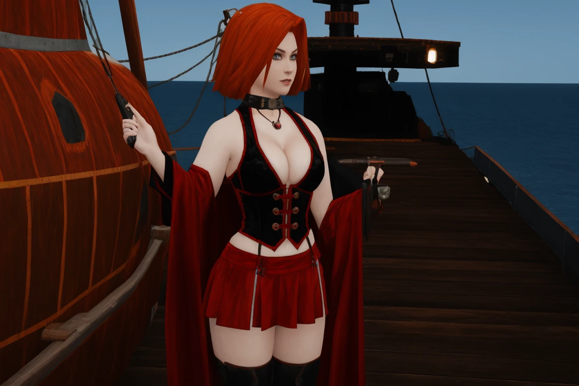 A stunning female rayneclassic stands poised on the weathered deck of a majestic ship at night in Miami. Her porcelain skin glows softly, illuminated by the warm light of the loghthouse. Delicate features and raven tresses frame her enigmatic smile as she gazes out to sea, the wind gently tousling her locks, (((wearing short skirt with long cloak and high boots, medium breasts, cleavage,))), short red hair, looking at the viewer, smiling, closeup portrait, good hands, short hair, red hair,rayneclassic