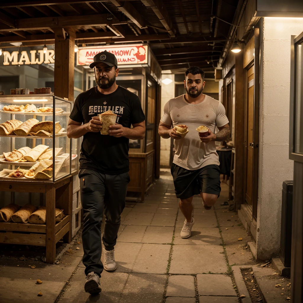 A man with shawarma in his hands runs away from a pig, escape from the pig, Shawarma, большая Shawarma, огромная Shawarma, man holding shawarma in two hands, a man quickly runs away from a pig, большая длинная Shawarma, shavuha is huge, lavash, a huge pig runs after a man