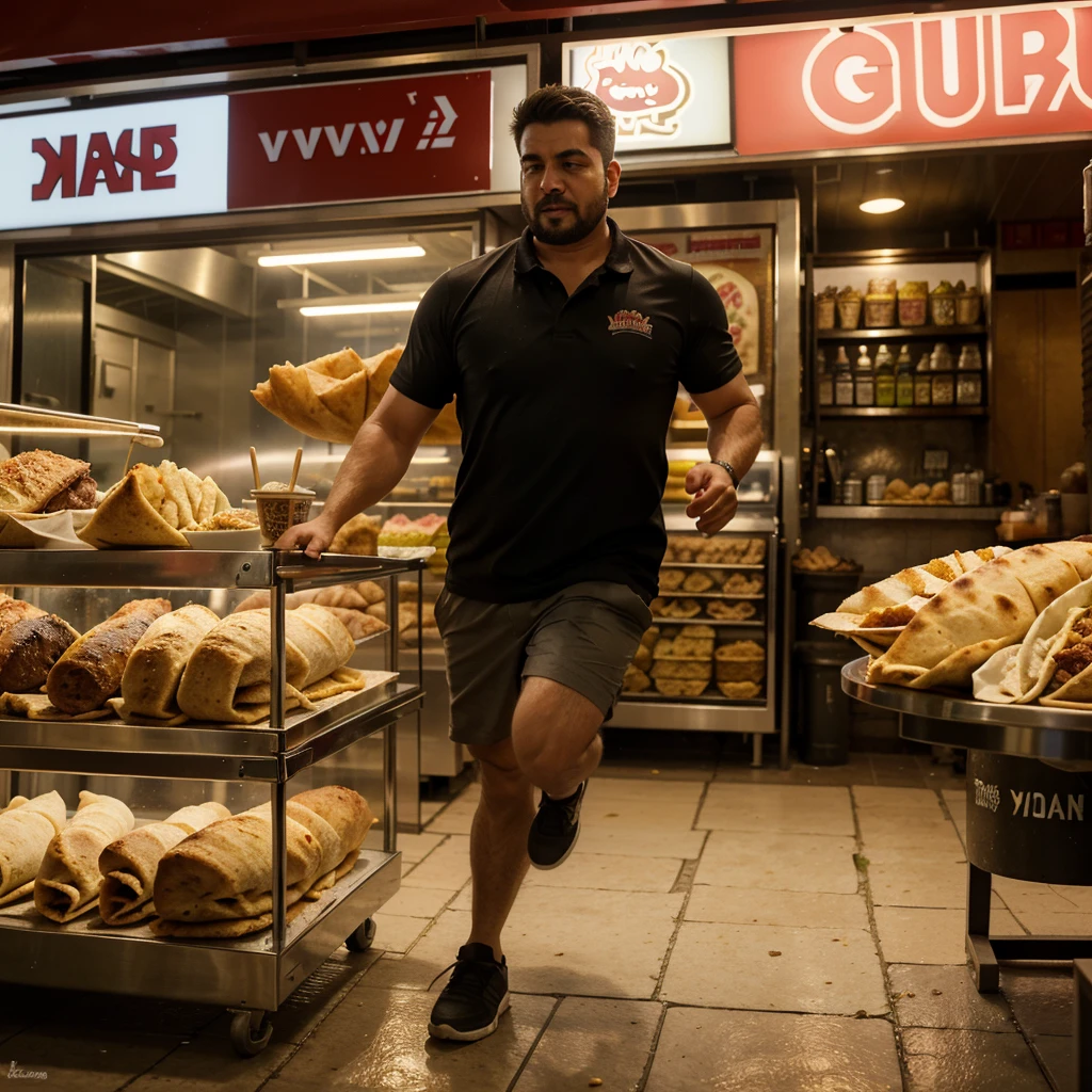 A man with shawarma in his hands runs away from a pig, escape from the pig, Shawarma, большая Shawarma, огромная Shawarma, man holding shawarma in two hands, a man quickly runs away from a pig, большая длинная Shawarma, shavuha is huge, lavash, a huge pig runs after a man