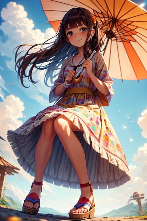 (Highly detailed face, smile), (whole body, Young woman with brown hair, Blunt bangs, Very long messy hair, Lavender eyes), (She is wearing a light green summer dress with a rainbow pattern and orange sandals.), (She holds the umbrella open with both hands, Skippy and whistling on fluffy clouds:1.2), break (background, The area is shining with the sunlight and magical powers.)