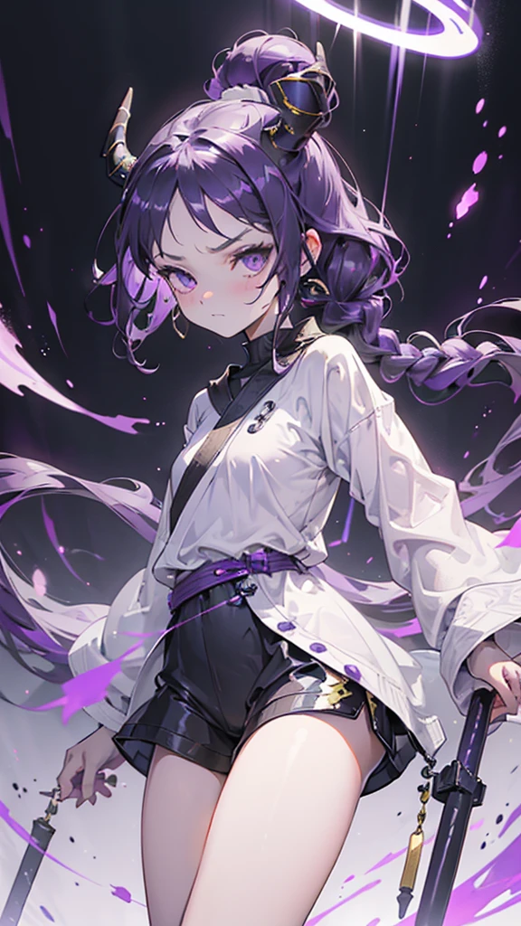 boy, thoughtful look, open forehead, black and purple hair braided into a ponytail on the left side in a bun. small curly black horns wrapped in white ribbon, pale violet eyes, short dark purple shorts. Long white t-shirt. dark purple knee socks. dark purple hooded robe, with a pattern of gold circles and a white robe on the inside. dark corridor with stairs, rays of light fall from above
