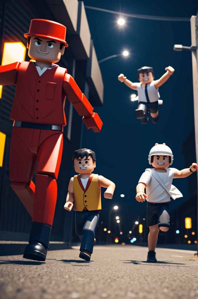 A Roblox guy holding a knife and a guy running from the guy