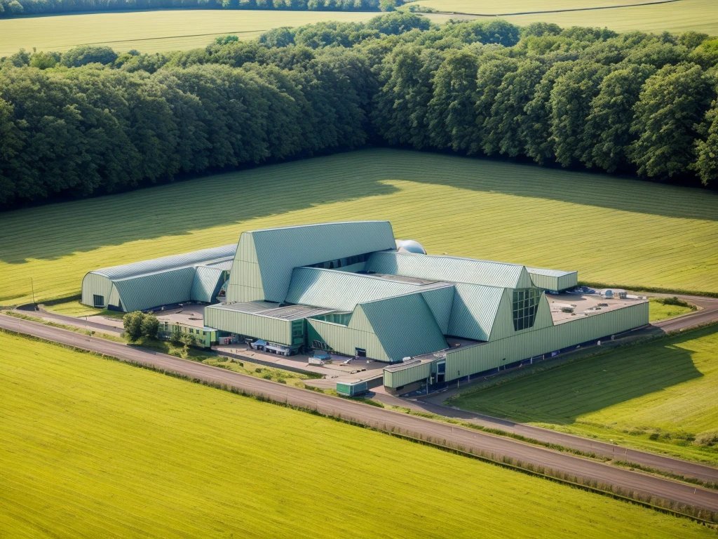 aerial view, master view, grass, day, line, curve, highquality, realistic photo, canon eos 5D mark, [[[architech1904]]], natural light, (realistic: 1.2), sharpen edge, green architecture, morden building, factory.