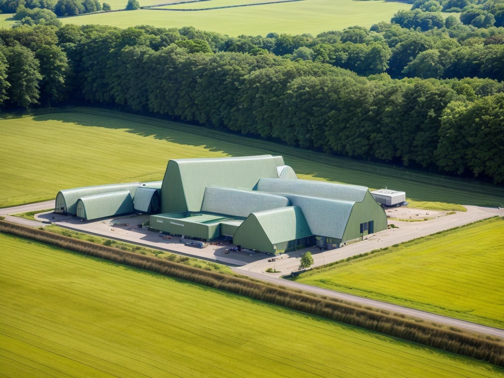 aerial view, master view, grass, day, line, curve, highquality, realistic photo, canon eos 5D mark, [[[architech1904]]], natural light, (realistic: 1.2), sharpen edge, green architecture, morden building, factory.