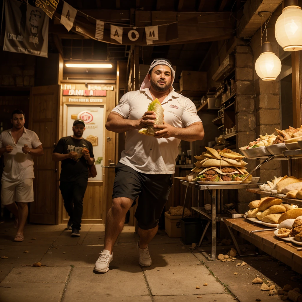 A man with shawarma in his hands runs away from a pig, escape from the pig, Shawarma, большая Shawarma, огромная Shawarma, man holding shawarma in two hands, a man quickly runs away from a pig, большая длинная Shawarma, shavuha is huge, lavash, a huge pig runs after a man