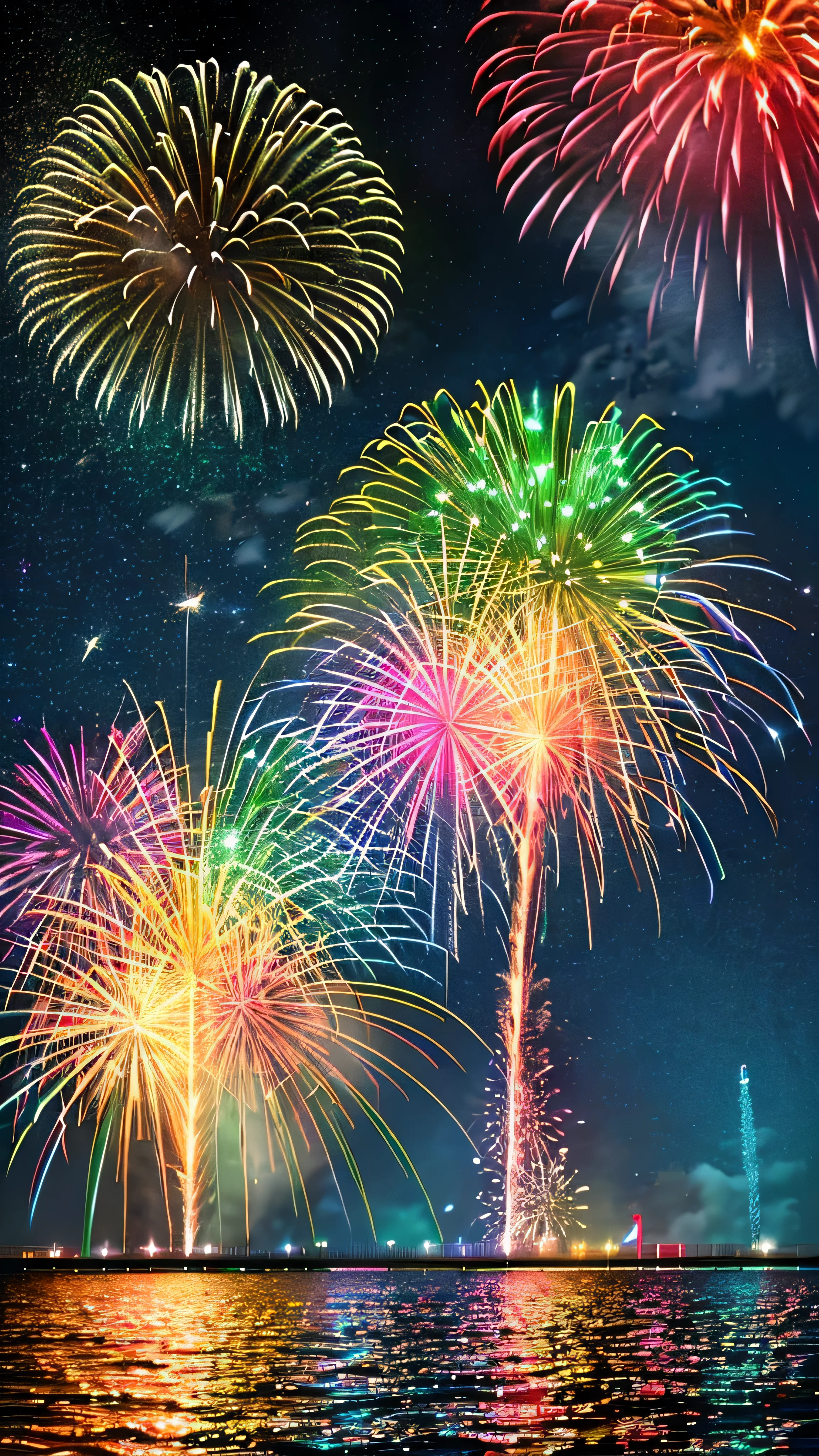 Beautiful Night，Huge fireworks burst into flames on the sea，Colorful colorful，Star-like fireworks, Like a peacock feather, Like a pebble, Illuminating the entire ocean