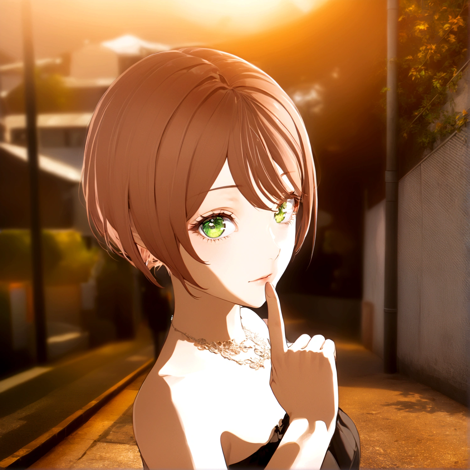 Close your left eye、Close your left eye、Hold up the index finger of your right hand、anime girl with brown hair and green eyes standing on a street, realistic anime 3 d style, smooth anime cg art, made with anime painter studio, anime style. 8K, anime. Soft lighting, anime styled 3d, semirealistic anime style, photorealistic anime girl render, painted in anime painter studio, realistic young anime girl, semi realistic anime