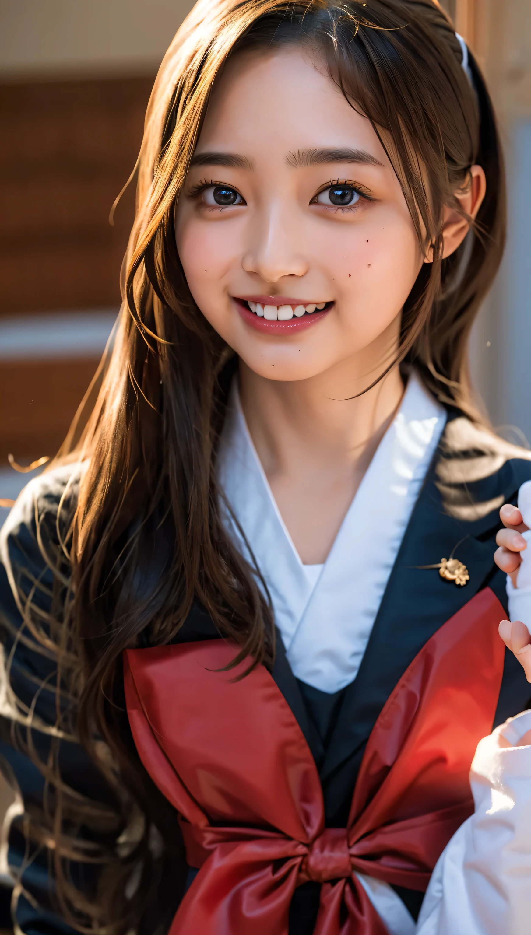 ((cowboy shot)),Ultra-high resolution,big eyes,((brown eyes)),Japanese,(forehead),(a girl),(1 girl),(()),(cute),pretty,((facing at viewer)),arms behind back,grin,(black school sailor uniform),classroom