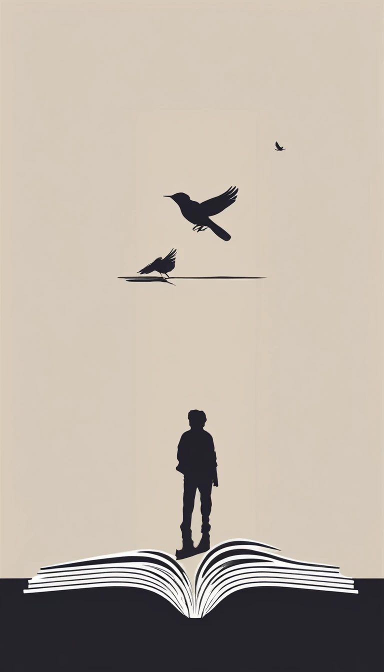 Create a modern, minimalistic logo design for a brand about music and movies called " Penamemoria". The logo must be in minimalistic style and convey a sense of storytelling. The logo is the silhouette of a boy and a bird. The boy is running with open arms, holding an acoustic guitar in the right hand and a bird feather in the left hand. Minimalistic logo design impressed on a book cover
