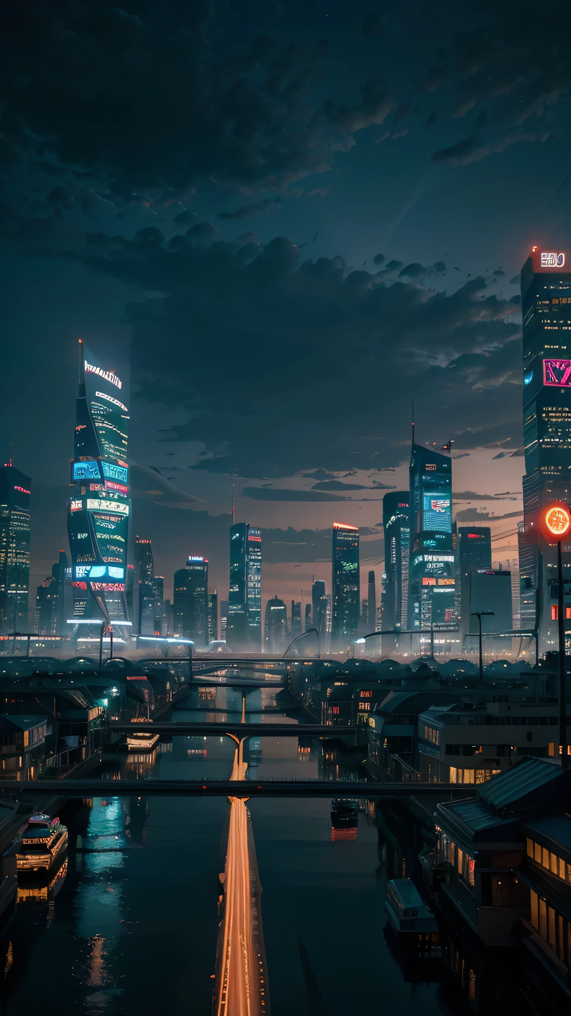 Create a surreal cityscape at sunset, The dazzling city lights are quiet, Mirror-like river. The setting is futuristic, Cyberpunk city with neon signs and flying vehicles