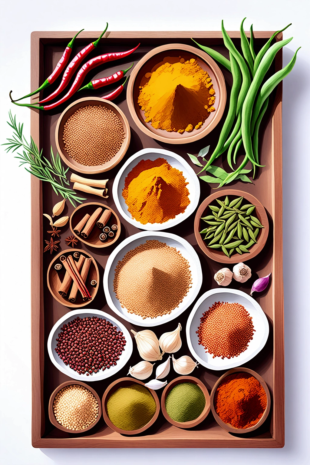 (masterpiece)), ((best quality:1.2)), ((watercolor)), ((vibrant color))), ((minimalist)), surrounded with ((negative space)), ((solid white background)), a wooden tray full of a lot of spices in many different type of container and small jar, cooking spices, turmeric, galangal, red chilies, green chilies, shallots, coriander, lemongrass, cloves, tamarind, garlic, whole grains, green beans, ginger, salt,,((no Clipping)), ((no shadow clipping)), ((no object clipping)), (((solid white background))), very subtle shadow, (perspective view),