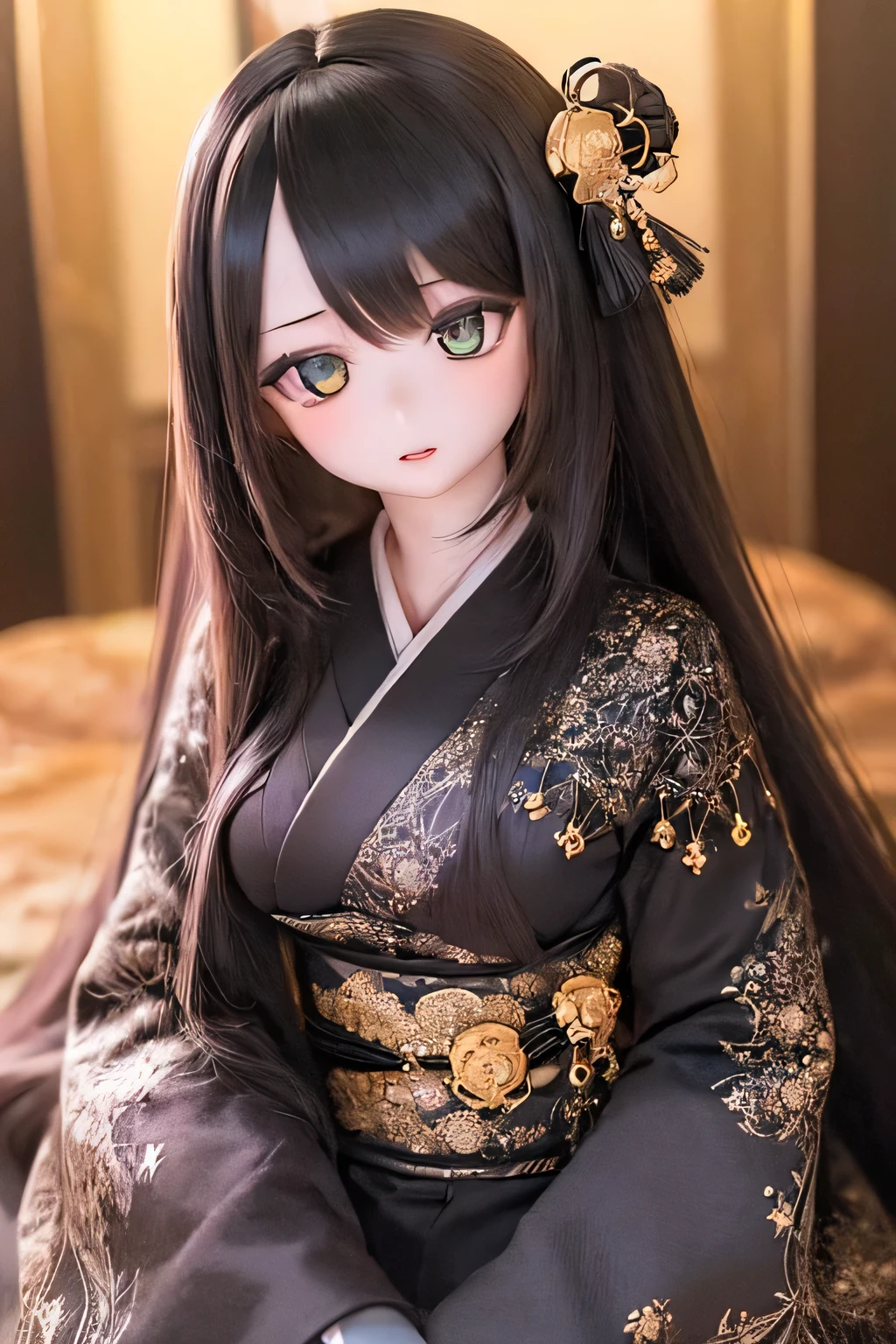 (SFW:2), photorealistic, realistic photo, ((highest quality)), ((masterpiece)), (extremely detailed), kukolnydom, doll, (mature woman, solo:1.7), ((upper body, seiza, parted lips, black kimono, obi, black hair, long hair, hair ornament)), green eyes, (looking down, blank eyes, empty eyes, detailed eyes, detailed face:1.3), Japanese room, 8k