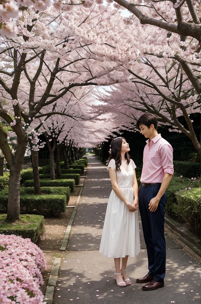 In the midst of a serene cherry blossom garden, where petals float gently to the ground, stands an older, tall girl, and a younger, short boy, just 10 months apart in age. The air is filled with the sweet scent of the blossoms, and the soft rustling of leaves creates a calming background melody. As they gaze into each other's eyes, their love is palpable. They talk softly, sharing dreams and secrets under the canopy of pink flowers, the world around them fading away as they lose themselves in each other's presence.