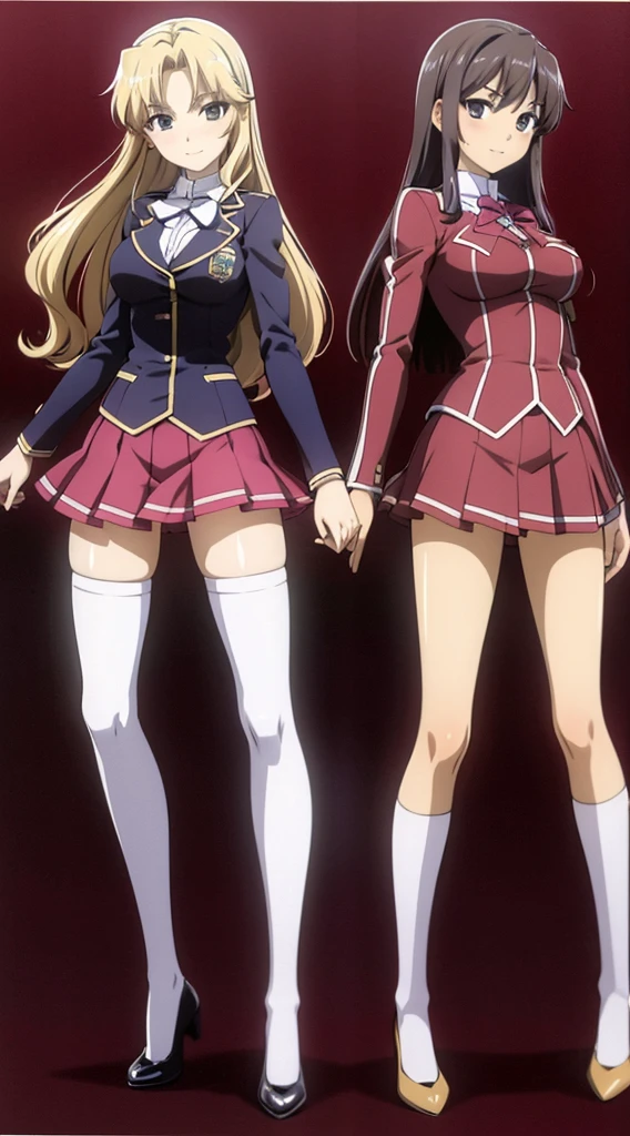 Masterpiece, high quality, 2girls, duo, identical twins, identical sisters, brown hair, curly hair, matching hairstyles, hazel eyes, medium sized bust, (school uniform, sexy school uniform, blazer, lace section, ribbon, rainbow short skirt, white thigh-high socks, black low heels, matching outfits), smile, flat_color, full body, seductive pose, duo pose