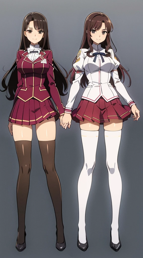 Masterpiece, high quality, 2girls, duo, identical twins, identical sisters, brown hair, curly hair, matching hairstyles, hazel eyes, medium sized bust, (school uniform, sexy school uniform, blazer, lace section, ribbon, rainbow short skirt, white thigh-high socks, black low heels, matching outfits), smile, flat_color, full body, seductive pose, duo pose