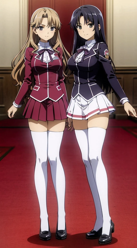 Masterpiece, high quality, 2girls, duo, identical twins, identical sisters, brown hair, curly hair, matching hairstyles, hazel eyes, medium sized bust, (school uniform, sexy school uniform, blazer, lace section, ribbon, rainbow short skirt, white thigh-high socks, black low heels, matching outfits), smile, flat_color, full body, seductive pose, duo pose