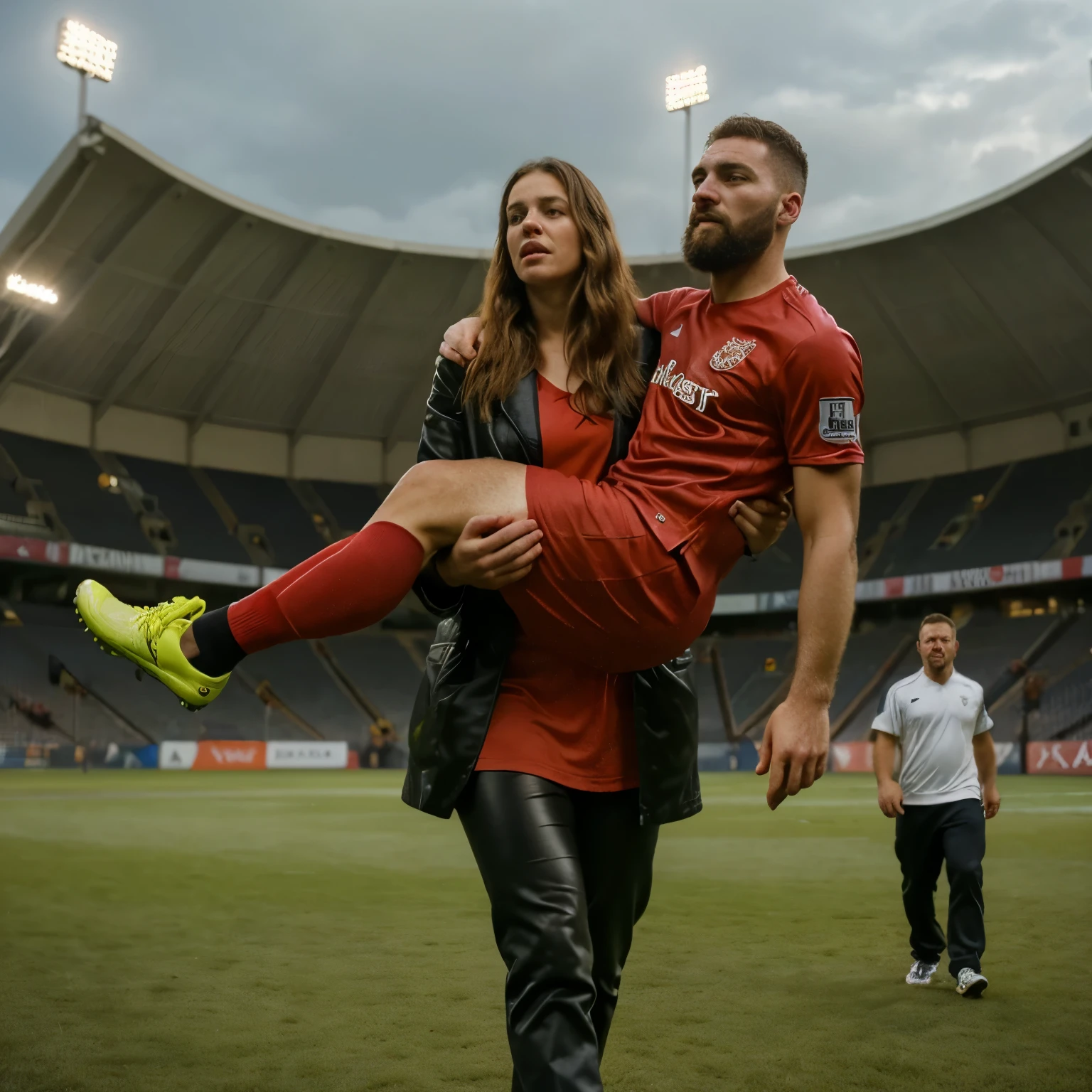woman carrying man, a passed out bearded man is carried, a woman is carrying a fainted bearded man, a consciousless bearded man, a woman and a bearded man, Andrea carries the wounded man's body in her hands, Andrea grabs his legs and his body with her hands, the bearded man in Andrea's arms is visibly in pain, stadium atmosphere, the bearded man is lying consciousless in Andrea's arms with one arm hanging down, A scene at a soccer stadium, a bearded man lying in a caring women's arms, lying helpless in her arms with his head dangling down, he has one arm dangling down while being carried in the women's arms, There is an attractive and heavily made-up woman in a long black leather coat, A pretty woman in a shiny black leather coat on a soccer field, A wonderful woman is holding a passed out man, A man in matt and roughened sportswear is held diagonal in her arms, a man in a woman's arms and lets one arm dangling down, we see the man held in front of the woman's body, the man is cradled in the woman's arm while being carried, the beautiful woman is exceptionally heavily made up and has an extremely desperate and very angry expression on her face, high-resolution photo, realistic sports photo, soccer scene, woman in black shiny long leather coat, injury scene, real photo, ultra realistic, high definition, sports photography