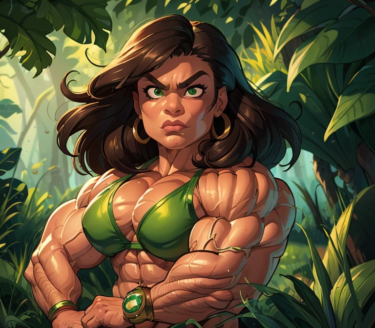 (masterpiece:1.2), (best quality), (ultra detailed), (8k, 4k, intricate),(full-body-shot:1), (highly detailed:1.2),(detailed face:1.2), (detailed background), muscle woman with brunette hair wearing green bikini flexing massive muscles, most muscular pose, woman with huge muscles, mature woman, stern expression, green eyes, angry expression