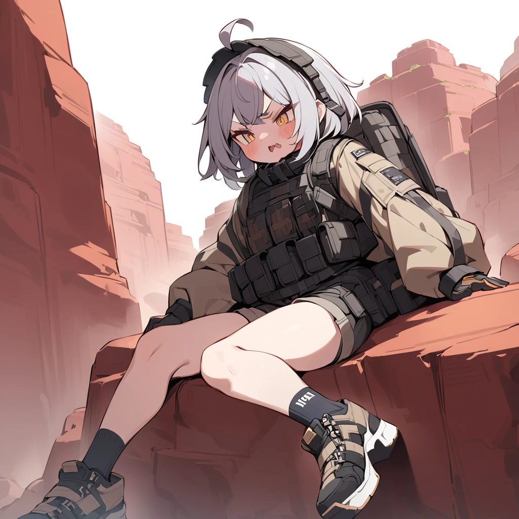 Red Cliff,Solitary,>_<,
masterpiece,best quality,
VALIDITY, tactical_jacket, shorts, gloves, high_heel_sneakers, short_socks, headdress, grey_hair, short_hair, ahoge, yellow_eyes simple background,White background,