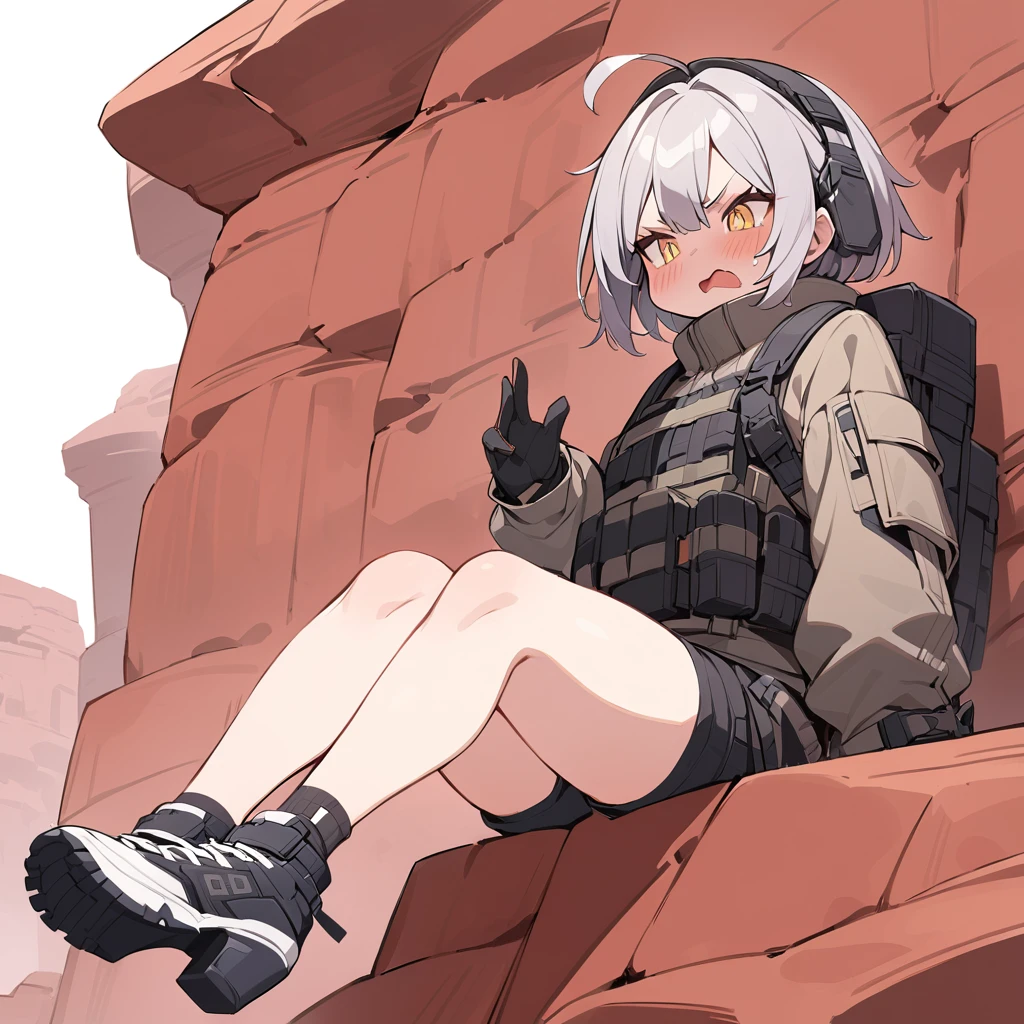 Red Cliff,Solitary,>_<,
masterpiece,best quality,
VALIDITY, tactical_jacket, shorts, gloves, high_heel_sneakers, short_socks, headdress, grey_hair, short_hair, ahoge, yellow_eyes simple background,White background,