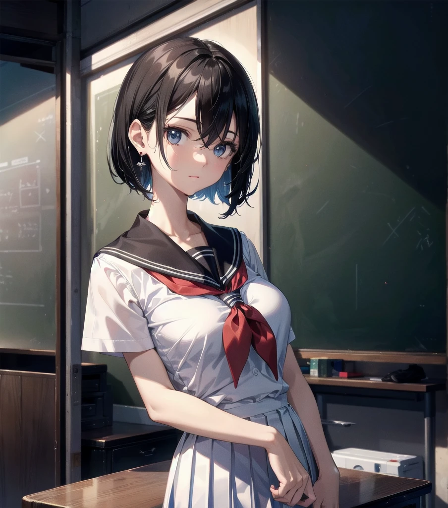 absurdres, RAW photo, extremely delicate and beautiful, masterpiece, Best Quality, ultra high resolution, 32k, hyperrealistic, ultra-detailed, perfect anatomy, super Detailed skin, late 20s, very Slim body, narrow waist, very small head, very small face, delicate facial features, tearful mole, earring, (very huge round breasts), medium hair, black hair, (full body shot), school_uniform, sailor uniform, classroom,