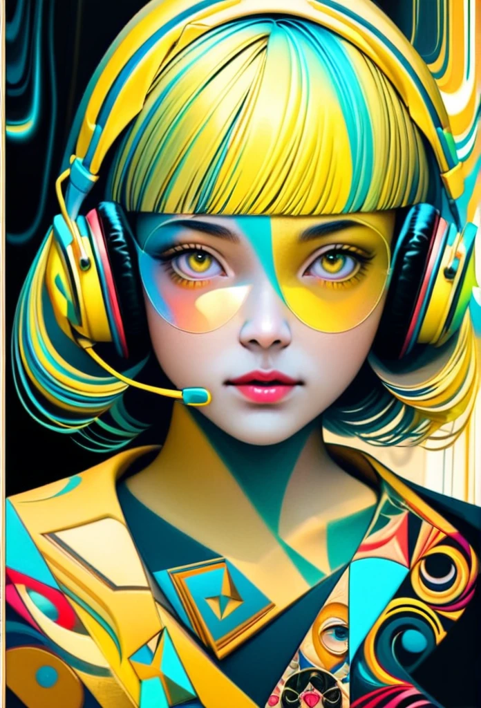 (((yellow glasses:1.3))), headphone, short hair, blunt bangs,Please turn the provided image into a painting keeping the same agape face features and realistic likeness and with the following characteristics: Art Style: Flowing Picasso style. Colors: Vibrant and dynamic, using bold and contrasting colors like the photo Details: Emphasize abstract shapes and flowing lines to capture the essence of her features. Mood: Artistic and expressive, with a surreal and imaginative touch. Background: Complementary to the Picasso style, potentially with abstract elements or patterns. Note: The final image should creatively reinterpret her likeness in a way that feels both unique and artistic, reminiscent of Picasso's distinctive and abstract painting style. pink Mohawk and steampunk clothing by worlds best photographer, punk rock, extremely realistic, muted colours, soft lighting, 8k, hi-res,