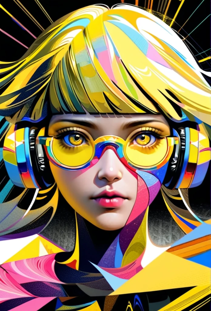 (((yellow glasses:1.3))), headphone, short hair, blunt bangs,Please turn the provided image into a painting keeping the same agape face features and realistic likeness and with the following characteristics: Art Style: Flowing Picasso style. Colors: Vibrant and dynamic, using bold and contrasting colors like the photo Details: Emphasize abstract shapes and flowing lines to capture the essence of her features. Mood: Artistic and expressive, with a surreal and imaginative touch. Background: Complementary to the Picasso style, potentially with abstract elements or patterns. Note: The final image should creatively reinterpret her likeness in a way that feels both unique and artistic, reminiscent of Picasso's distinctive and abstract painting style. pink Mohawk and steampunk clothing by worlds best photographer, punk rock, extremely realistic, muted colours, soft lighting, 8k, hi-res,