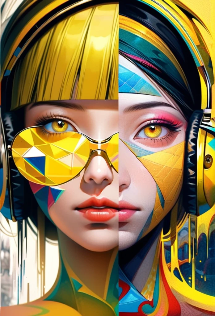 (((yellow glasses:1.3))), headphone, short hair, blunt bangs,Please turn the provided image into a painting keeping the same agape face features and realistic likeness and with the following characteristics: Art Style: Flowing Picasso style. Colors: Vibrant and dynamic, using bold and contrasting colors like the photo Details: Emphasize abstract shapes and flowing lines to capture the essence of her features. Mood: Artistic and expressive, with a surreal and imaginative touch. Background: Complementary to the Picasso style, potentially with abstract elements or patterns. Note: The final image should creatively reinterpret her likeness in a way that feels both unique and artistic, reminiscent of Picasso's distinctive and abstract painting style. pink Mohawk and steampunk clothing by worlds best photographer, punk rock, extremely realistic, muted colours, soft lighting, 8k, hi-res,