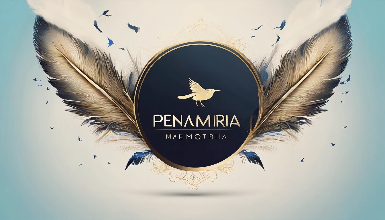 Create a professional, fantastic, cinematic dream-like Youtube Banner for a brand about music, stories, fantasy and dreams called " Penamemoria". Masterpiece, 4k, sharp focus, highest quality,wide shot. The title is " Penamemoria". Is a brand about the creative, unique journey of a boy into becoming a musician storyteller. In his journey he finds inspiration in a world of birds and feathers. Minimalistic, simple, poetic, dreamy logotype at the center of the image. The Background image is a world full of fantastic feathers, unique birds, light blue sky, soft white and light golden. Logo design of a face of a boy and a face of a feather