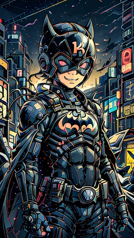 (8k),(masterpiece),(Japanese),(13-year-old boy),((innocent look)),((Childish)),From the front,smile,cute,Innocent,Kind eyes,Flat chest, Black Helmet, Black Domino Mask, Black Cape, Batman Costume,short,Hair covered by the helmet,Black Hair,Strong wind,night,dark, Neon light cyberpunk city