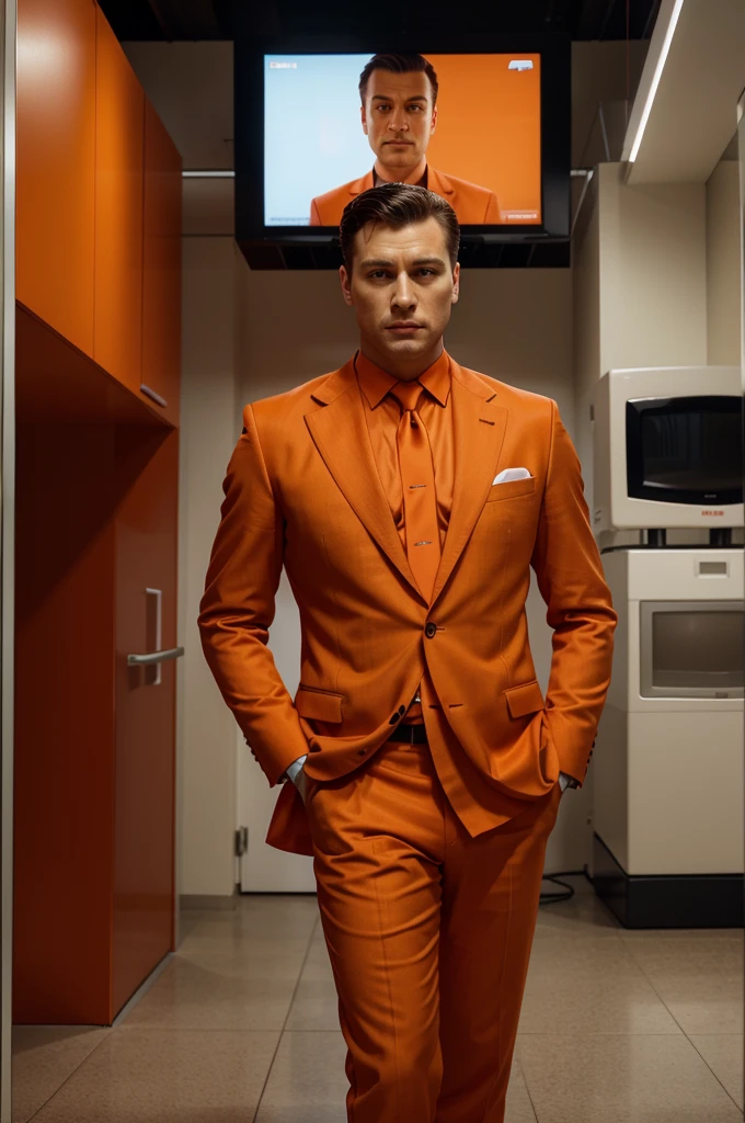 A detailed image of a man wearing an orange suit, standing, with a television for a head, retro TV design, screen displaying static, sharp and well-fitted suit, high-resolution, photorealistic, background: 100% white
