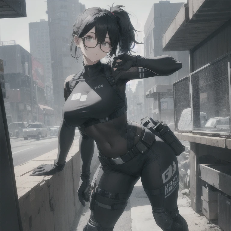 Absurd resolution, high resolution, (masterpiece: 1.4), hyper-detail, full body shot, solo, 1 kemono feline cat woman, no skin other than neck and head shown, black hair, glasses, messy ponytail, cute face, detailed soft grey eyes, huge massive hyper super swollen breasts that cover her whole torso and are bigger than her head while being so big they reach her belly button, extremely large bust, wide full hips, narrower torso and shoulders, smaller torso, full thicc big soft thighs, big rounded full soft butt, ruggedized utility styled outfit, full body outfit coverage with no skin showing or revealed, weather-proof durable clothing material, nylon clothing material, monochrome black and grey fullbody covering protective padding pilot rugged utility suit with white chest, practical/functional clothing, custom made clothing to fit and support large breasts, scifi padded rugged high collar techwear jacket, white and black triangular decals and techwear iconography on apparel and clothing, techwear gloves, arm mounted strapped display scifi tablet/communication device/computer, rugged tablet display mounted on MOLLE strap on top of her bust, ruggedized computer tablet mounted above her breasts, screen display mounted on top of her chest, ruggedized tech, ruggedized tech aesthetic, fitted utility pants, utility chaps, near future scifi, cyberpunk aesthetic, anime aesthetic