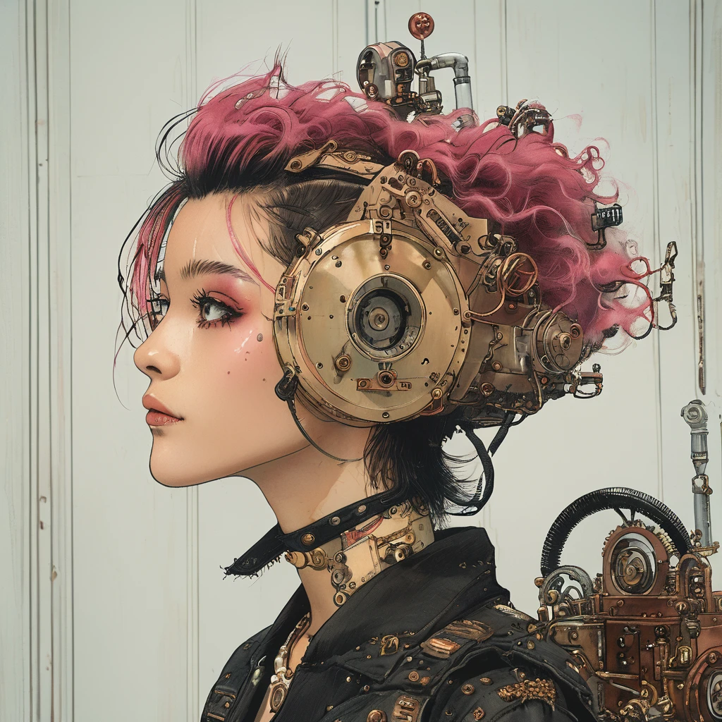 pink Mohawk and steampunk clothing by worlds best photographer, punk rock, extremely realistic, muted colours, soft lighting, 8k, hi-res,