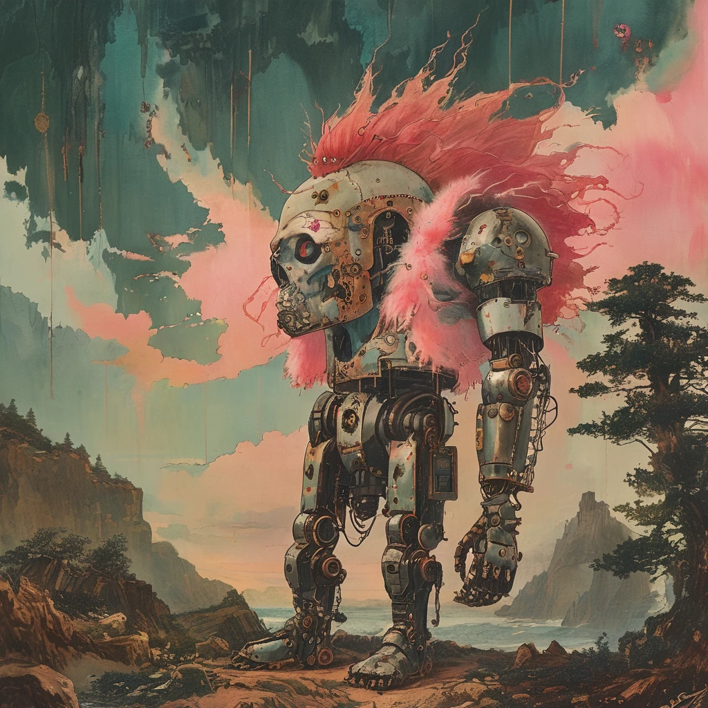 pink Mohawk and steampunk clothing by worlds best photographer, punk rock, extremely realistic, muted colours, soft lighting, 8k, hi-res,