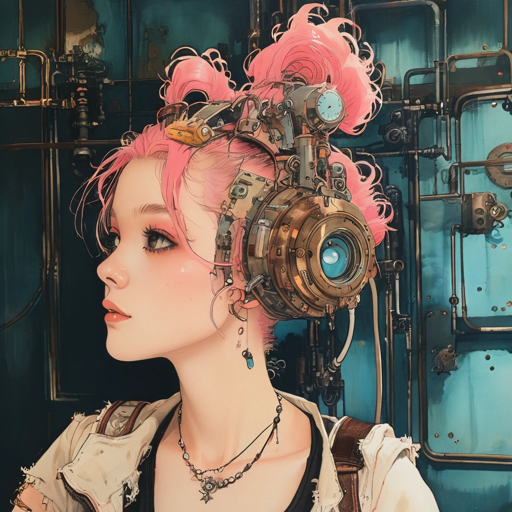 pink Mohawk and steampunk clothing by worlds best photographer, punk rock, extremely realistic, muted colours, soft lighting, 8k, hi-res,