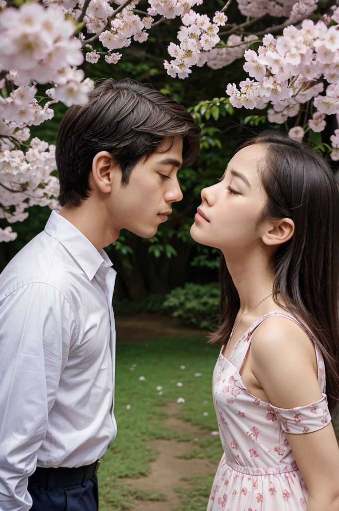 In the midst of a serene cherry blossom garden, where petals float gently to the ground, stands a tall girl and a shorter boy, just 10 months apart in age. The air is filled with the sweet scent of the blossoms, and the soft rustling of leaves creates a calming background melody. As they gaze into each other's eyes, the girl looking slightly down and the boy looking up, their love is palpable. They talk softly, sharing dreams and secrets under the canopy of pink flowers, the world around them fading away as they lose themselves in each other's presence.