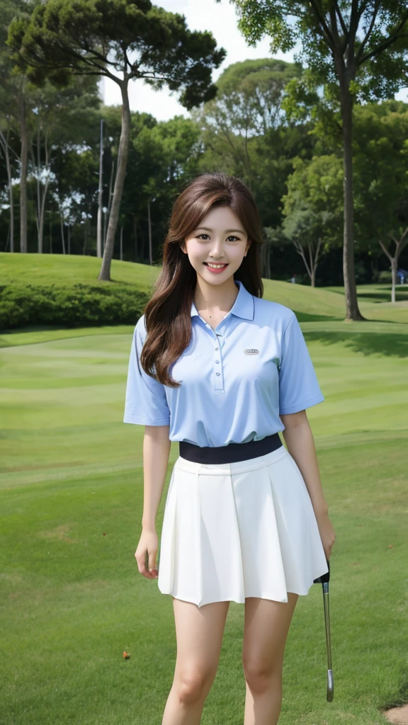 Highest quality、Highest quality、masterpiece、、Brown Hair、Golf Fair、Golf course、Big eyes、Slender、Young Japanese woman、Beautiful legs、smile、skirt