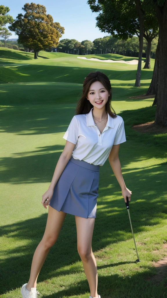 Highest quality、Highest quality、masterpiece、、Brown Hair、Golf Fair、Golf course、Big eyes、Slender、Young Japanese woman、Beautiful legs、smile、skirt