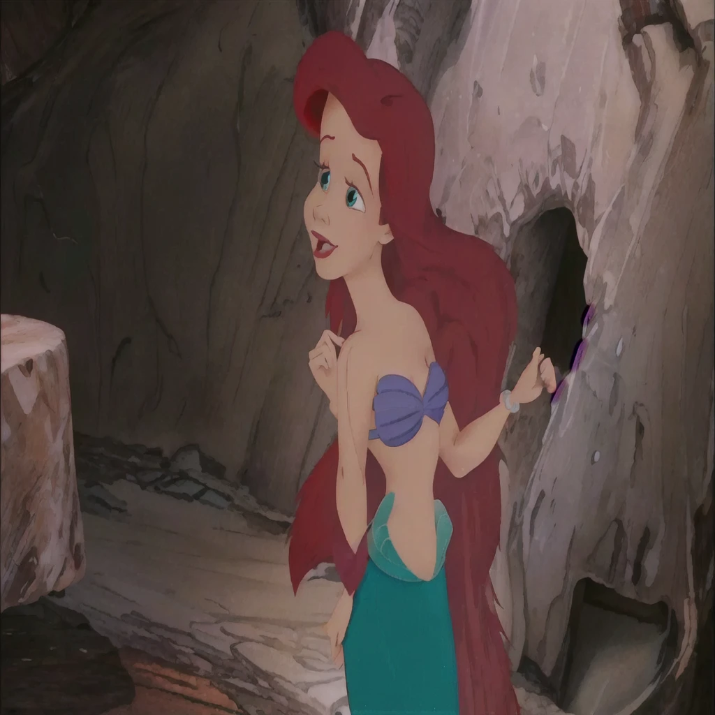 a close up of a cartoon mermaid with a red hair, ariel the little mermaid, princess ariel, little mermaid, the little mermaid, little mermaid magical kingdom, megara, disney 2d animation still, movie screencap, classic disney mood, style of disney animation, ariana grande as a mermaid, vhs screencap, in style of disney animation